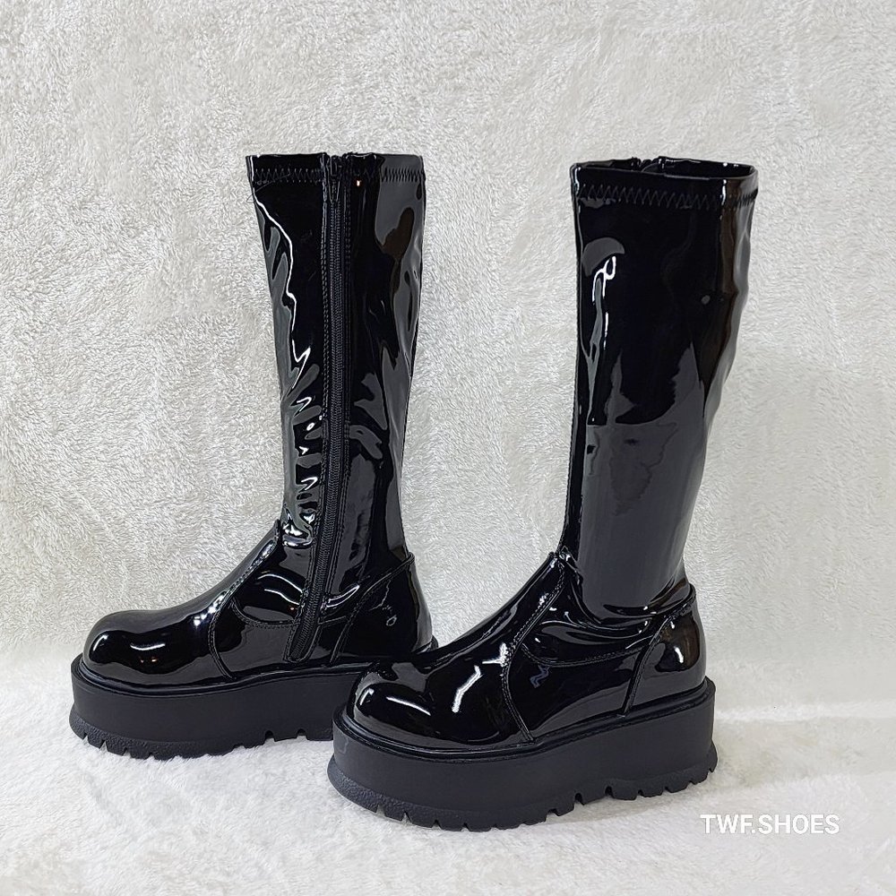 Demonia Shiny Black Tall Platform Boots